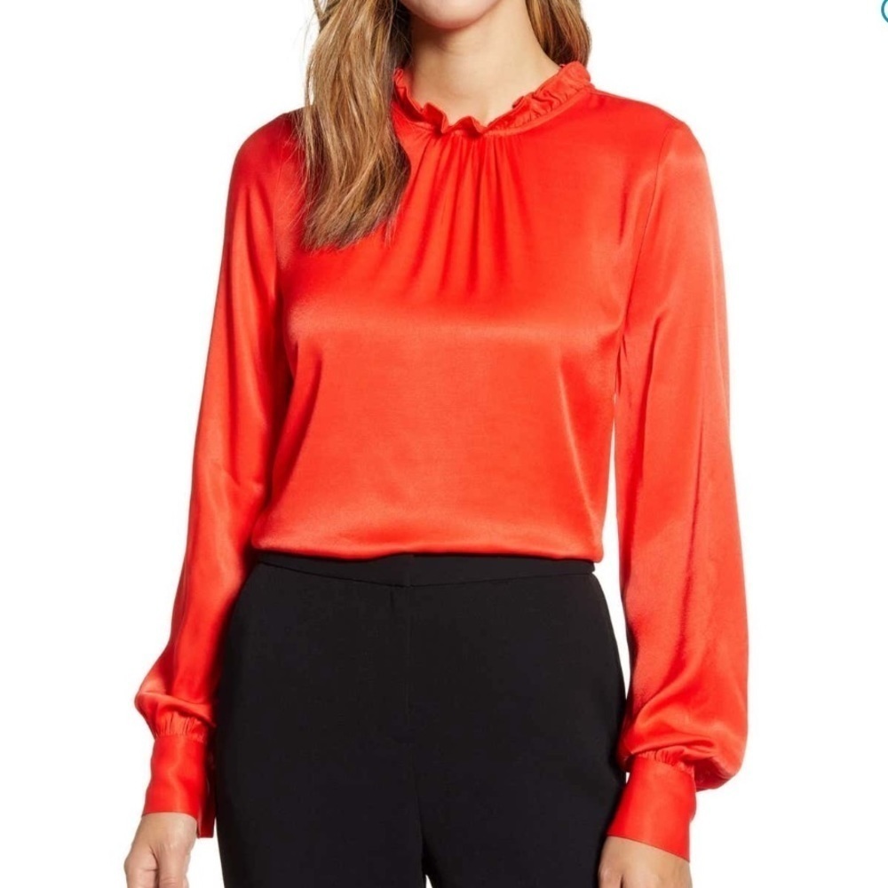 RACHEL PARCELL RUFFLE NECK SATIN BLOUSE